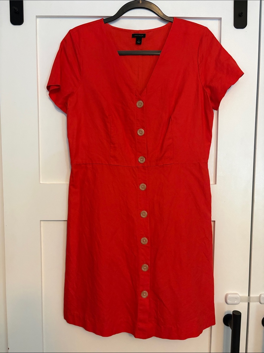 Ann Taylor Red Button-Front V-Neck Mini Dress